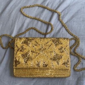 Great Condition Vintage Style Tan/Gold Beaded Crossbody Bag